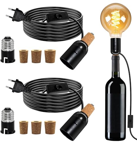 B22 Lampenfassung für Flaschen 2 Stück, 240CM Kabel E27 Fassung mit B22 Konverter, Flaschenadapter Lampe mit 3 Korke, Schwarz Flaschenlampe Aufsatz, Tischlampe Kit für Vielfältig Flaschen