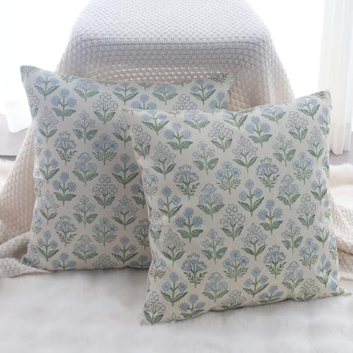 NIULAA Kissenbezug 40x40 Leinen Blumen Kissenbezüge Blau 2er Set Modernes Quadratisch Sofakissen Garten Outdoor-Kissen Kuschelig Kissenhüllen für Wohnzimmer Couch Balkon Landhausstil