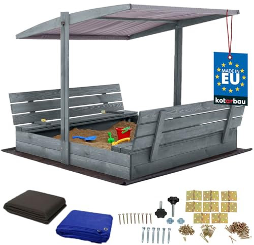 KOTARBAU® Sandkasten mit Abdeckung 140 x 140 cm Großer Grau Holzsandkasten mit Grau Dach Sandkasten mit Deckel Sandkasten mit Dach Gartenspielzeug Kinder imprägniert verschließbar mit Bänken