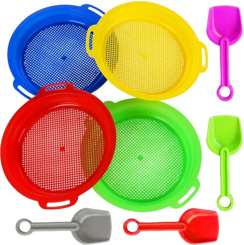 Cerkkapo 4 Pack Strand-Sandsieb-Siebe Feines, mit 4 Stück Schaufel,Sand-Strand-Set für Kinder Sandsieb für Kinder, für Park, Strand, Kunststoff Sandsieb für Strände für Jungen, Mädchen