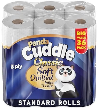 3 Ply Unscented Quilted Toilet Rolls - 36 Pack Luxury Toilet Paper – Super Soft Classic Loo Roll for Comfort and Easy Flush Embossed Toilet Tissue by Panda Cuddle