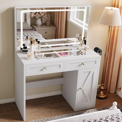 YITAHOME Dressing Table with LED Mirror, Makeup Desk with Adjustable 3-Colour Lighting, Safety Glass Top & Built-in Plug Socket, White Vanity Table for Bedroom