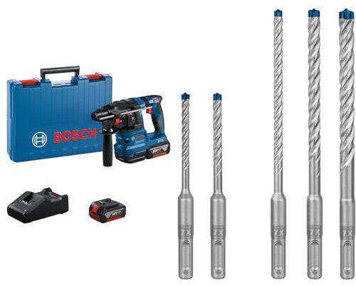 Bosch Professional 18V System Cordless Rotary Hammer GBH 18V-22 + 5X Expert SDS plus-7X Hammer Drill Bit Set (for Soft Stone, Hard Stone, Ø 5-10 mm)