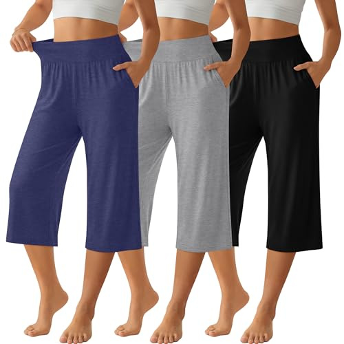Neer Confezione da 3 Pantaloni Capri da Donna, Pantaloni Corti da Relax Yoga Casual a Vita Alta in Cotone con Tasca(M,Nero, Blu Scuro, Grigio Chiaro)