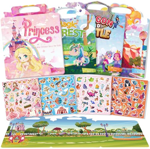 GUYUCOM Stickers for Children from 2 Years, Pack of 4 Reusable Sticker Book, Portable & Waterproof, Exclusive Princess Sticker Set for Girls, Children's Gift Toy for 2 3 4 5 6 Years