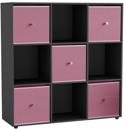 URBNLIVING 9 Cube Storage Unit with 5 Foldable Fabric Drawers, Wooden Freestanding Bookcase Shelf Organiser, Modern Cube Shelving for Bedroom, Office, Living Room, Toys, Clothes & Books