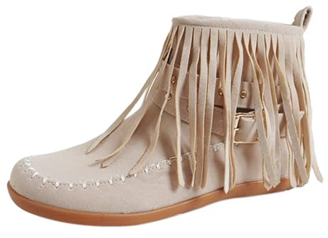 Damen Stiefeletten mit Fransen Wildleder Kurzstiefel mit Niete Seitlicher Reißverschluss Ankle Boots Vintage Runde Zehe Cowboyschuhe Flach Mokassin Stiefel Herbst Winter Western Lederstiefel