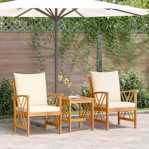Qnhdfrt 3 teiliges Gartenmöbel Set aus Massivholz Teak Outdoor Sitzgruppe mit Tisch und 2 Armlehnstühlen Creme Poliert Rechteckig für Terrasse Balkon Garten