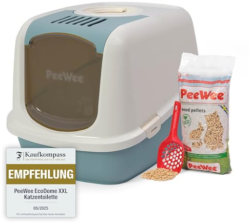 Katzentoilette XXL PeeWee EcoDome Katzenklo mit Haube Katzen WC geschlossen inkl. 3kg Streu Holzpellets, Farbe: Taubenblau-Creme