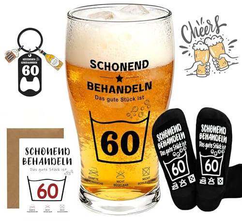 Sektasu Geschenk Zum 40/50/60 Geburtstag Mann - Bierglas, personalisierte Socken, Schlüsselanhänger & Karte, Witzige Geschenke für Papa, Ehemann, Freund oder Sohn (60)