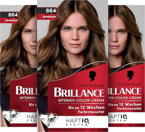Schwarzkopf Brillance Intensiv-Color-Creme 864 Rehbraun (170 ml), Haarfarbe | Permanente Haarfarbe mit 100 % Grauabdeckung, Coloration mit pflegendem Biotin-Komplex für bis zu 12 Wochen Farbintensität