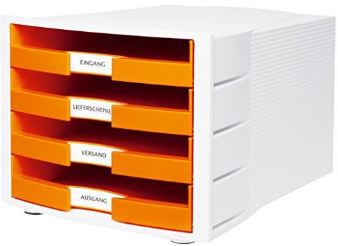 HAN Schubladenbox IMPULS in Orange/Weiß/Stapelbare Sortierablage mit 4 großen, offenen Schubladen für DIN A4/C4 / inkl. Beschriftungsschilder