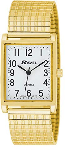 Ravel Gents White Rectangle Dial Goldtone Expander Bracelet Strap Dress Watch R0220.01.1