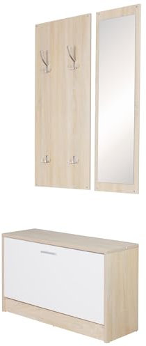 FineBuy Wand-Garderobe Salerno mit Garderobenpaneel Spiegel & Schuhkipper 80 cm breit 27 cm Schmal, Flurgarderobe Klein Garderobenset Modern Schuhschrank Flur Holz, Garderobe Platzsparend