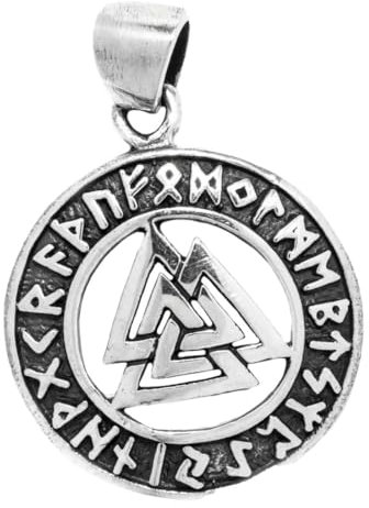 Windalf Wikinger Silber Anhänger Valknut Ø 2 cm Wotansknoten mit Runen Amulett 925 Sterlingsilber
