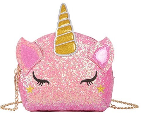 Piccola Glitter Carino Unicorno Crossbody borsa a tracolla portafoglio borsa chiusura a cerniera con Tracolla a Forma di Unicorno con personalità Borsa a Tracolla Piccola a Forma Ragazze (Rosa)
