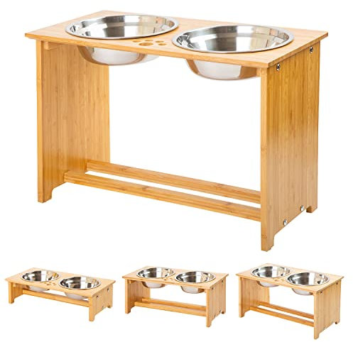 Gamelles surélevées - pour Chiens et Chats - Supports surélevés en Bambou avec 2 gamelles d'eau et de Nourriture en Acier Inoxydable - avec Pieds antidérapants (X-Large - 38 cm High)