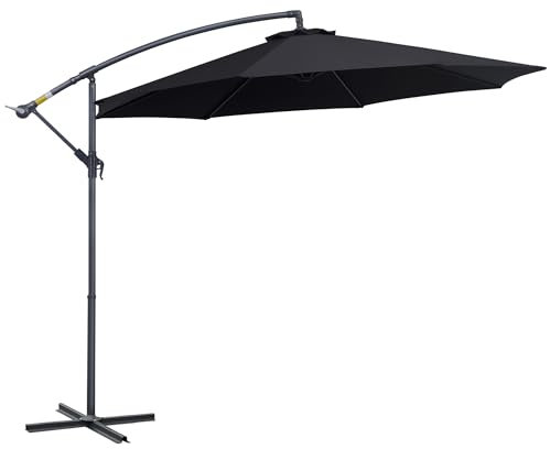 Outsunny Sombrilla de Jardín Ø295x250 cm Parasol Excéntrico Inclinable con Manivela Base Cruzada y Soporte de Metal 8 Varillas para Terraza Exterior Balcón Negro