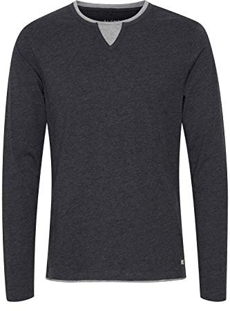 Blend BHLeonas Herren Longsleeve Langarmshirt Shirt mit Rundhals-Ausschnitt Double Layer V-Neck Look Baumwollmischung Regular fit, Größe:M, Farbe:Charcoal (70818)