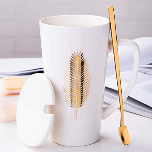 Taza De Café De Cerámica, Elegantes Tazas De Té Con Tapa y Cuchara, Tazas Grandes De Leche De Cerámica Con Asa, Regalos Creativos Para El Hogar y La Oficina Para Amigos y Familiares,500ml