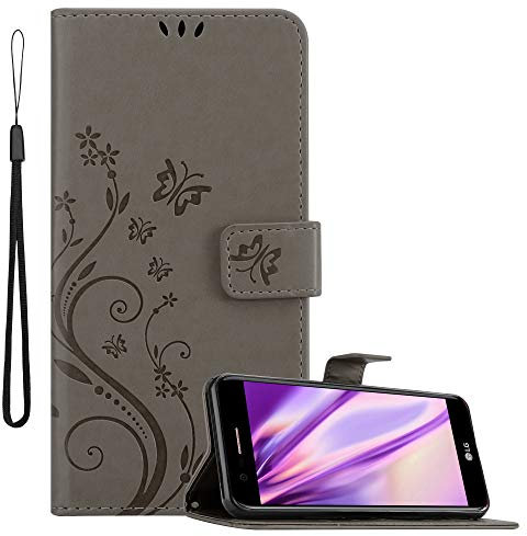 Cadorabo Hülle kompatibel mit LG K10 2018 / K11 / K11 Plus Blumen Design aus Kunst Leder Flip Klappbare Magnetische [Kartenfächern] Cover Hülle für LG K10 2018 / K11 / K11 Plus Tasche in Grau