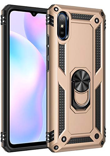 BestST Handyhülle für Xiaomi Redmi 9A + Displayschutz, Cover für Xiaomi Redmi 9i hülle, 360 Grad Drehbar Ringhalter Handytasche Case für Xiaomi Redmi 9AT Handy Hüllen,Gold