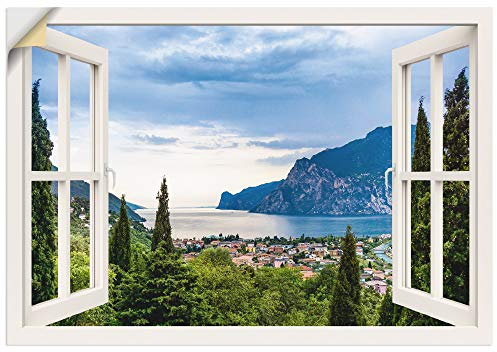 ARTland Wanddeko Wandtattoo selbstklebende Vinylfolie 100x70 cm Querformat Fensterblick Gardasee Landschaft See Natur Berge Italien U1TV