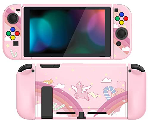 PlayVital Coque pour Switch Protection Manette avec Capuchon pour Nintendo Switch Joycon Cover,Étui Housse TPU-Licorne&Arc-en-Ciel