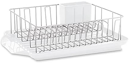 Farberware Classic Large Rust Resistant Full Dishrack with Removable 3 Compartment Flatware Caddy, Andlged Drain Board, 3-Piece, White
