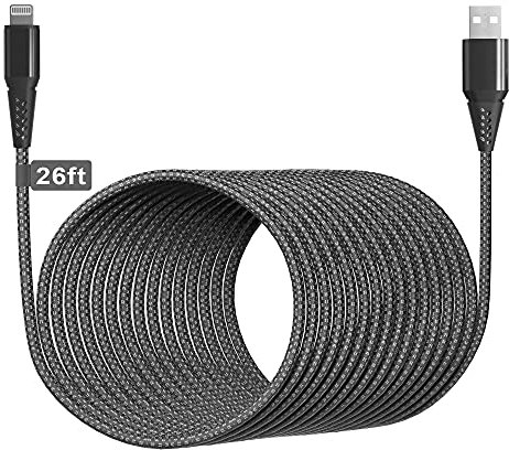 Langes iPhone Ladekabel 26FT/8M [Apple MFi-zertifiziert] Extra langes iPhone Kabel Schnelles Apple-Ladekabel Nylon geflochtenes 2.4A USB-Lightening-Kabel für iPhone 13 12 11 X 8 7 6s