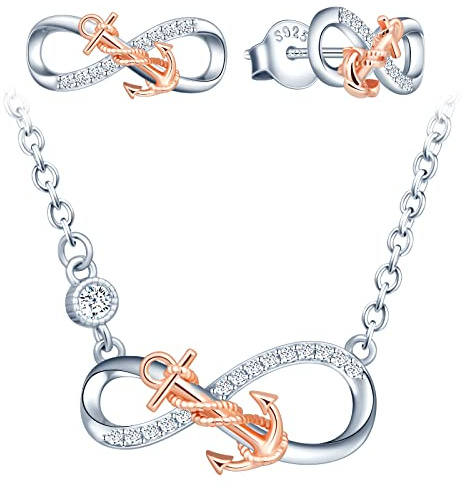 INFINIONLY 925 Silber Halskette und Ohrringe, Elegant Schmuck-Sets für Frauen, Silber Unendlichkeitssymbol mit Rosegold Anker, Eingelegt Zirkon, Farbgalvanischer Prozess