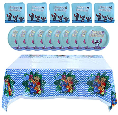 Qemsele Kids' Carnival Tablewear Kit - Stitch Theme, Table Cover + 20 Paper Plates + 20 Napkins, Birthday Decorations & Party Favors