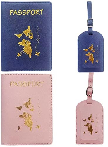 Cimown 4 Reisepasshüllen & Gepäckanhänger – Reisepasshülle Kofferanhänger – PU Passport Wallet – 2 Gepäckanhänger + 2 Reisepasshüllen (Dunkelblau, Rosa)