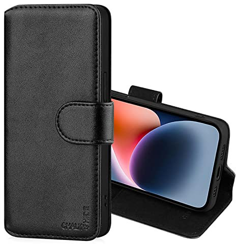 CHALK & HIDE - Real Leather Book Wallet Flip Case Cover For Apple iPhone 14 (6.1), Real Leather Design With Card Slot, Magnetic Closure and Built In Stand - Black