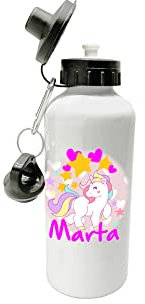 Overthetee Borraccia Unicorni - Nome Personalizzato - Stelle - Cuori - Unicorno Felice - Bimba - Idee Regalo - Borracce Scuola - Bambina