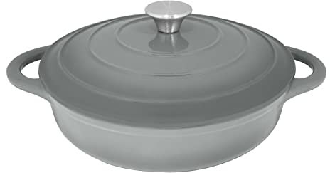 Blackmoor 67649 28cm Cast Iron Shallow Casserole Dish With Lid / 2.5L Capacity/Oven Proof Up To 260°C/Non-Stick Enamel Coating/Easy Grip Handles/Works On All Hob Types/Stylish Grey Colour