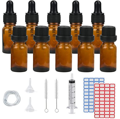 Episkey 10 Stück 10ml Pipettenflasche,Tropfflasche Braunglasflasche mit Pipettenkappe&Tropfereinsatz Verschluss Inkl.Hilfszubehör für Ätherische Öle Parfüm Lösungen DIY-Probenmischungen (10ml)