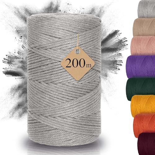 AMPARA – Weiches Makramee Garn 3mm x 200m - 100% Recycelt | umweltschonend & hochwertig - Makrameegarn für DIY Kunst (hellgrau)