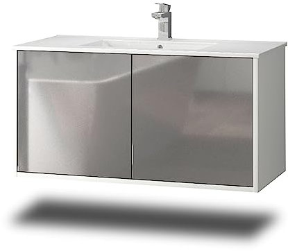 Stil.Zeit Evelou Badmöbel inkl. Waschbecken | Waschtisch mit Unterschrank 100.5 cm | Weiß/Hochglanz Schiefergrau | Push-to-Open/hängend