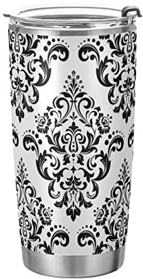 Tumbler Black Damask Floral Insulated Coffee Cup Driver Beverage Container Office Travel Mug with Straw and Lid 20oz Back to School Gift
