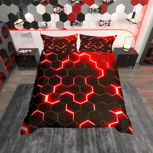 richhome Honeycomb Duvet Cover Single Size, Hexagon Abstract 3D Bedding Set,Kids Boys Girls Adults Room Decor,Geometric Patchwork Fashion Comforter Cover,Red Black Neon Quilt Cover,1 Pillowcase