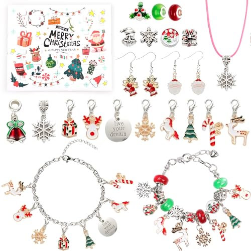 Hianjoo Adventskalender 2024 Kinderschmuck, 24 Tage Weihnachten Adventskalender Bastelset mit Kinder Charm Armbänder, Weihnachtskalender Mädchen Geschenk, ab 5 Jahren (Silber)