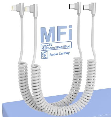 USB C auf Lightnning Kabel Spiralkabel 90 Grad für Apple CarPlay, 27W 9V 3A Schnellladekabel Schnellladung mit Daten, für iPhone 14 13 12 11 Pro Max Plus Mini SE XS XR X 8 7 6 5, Weiß 2 Stück