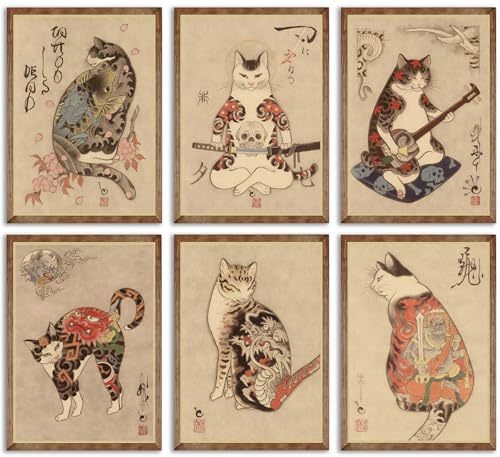 Wandkunstdrucke mit japanischen Samurai-Katzen, japanisches Bushido-Dekor, Kung-Fu-Gemälde, Tattoo, lustiges Fantasie-Fotobild, Leinwand, Poster, Gemälde für Wohnzimmer, Druck, Schlafzimmer