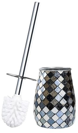 Escenzy Modern Toilet Brush and Holder Set Mosaic Glass | Non-Rustic Stainless Steel | Practical & Decorative Toilet Bowl Brush and Holder | Luxury Black and Gold Bathroom Accessories