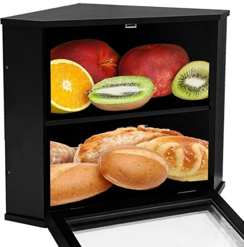 NewEle Bambus Eckbrotbox - Schwarze Brotbox für Küchenarbeitsplatte mit verstellbarem Trenner, einfach zu montieren - Moderner Brotbehälter für hausgemachte Brotaufbewahrung
