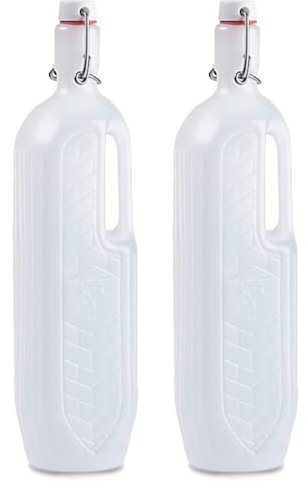 Tradineur - Pack de 2 Botella de plástico con asa - Disponible tapón a presión y asa - Fabricado en plástico (PP) - 30 x 6,5 x 7,5 cm - 1 Litro