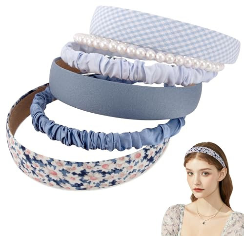 Stirnbänder Damen Haarreifen Blumen Reine Farben Perlen Satiniert Stil Haarbänder Mode Haarschmuck für Frauen Mädchen 6 Stück Blau