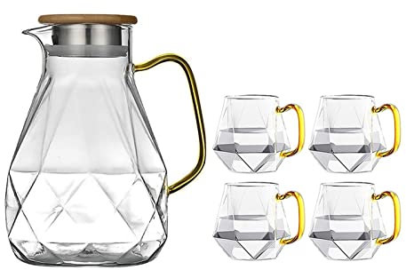Carafe Eau Carafe en verre résistant à la chaleur en picther eau avec couvercle avec 4 tasses cruche d'eau dans la décoration de design diamant moderne for le salon Pichet à Thé Glacé