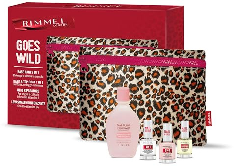 Rimmel London, Geschenkset für Damen Rimmel Goes Wild, Leoparden-Pochette mit 60 Sekunden Super Shine Nagellack 315 Queen of Tarts + Handcreme 2 in 1 + Reparierendes und stärkendes
